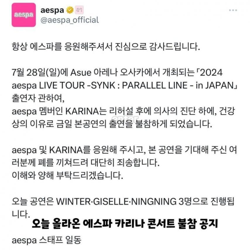 아플 수 밖에 없었던 카리나 스케줄 일정1_2.jpg
