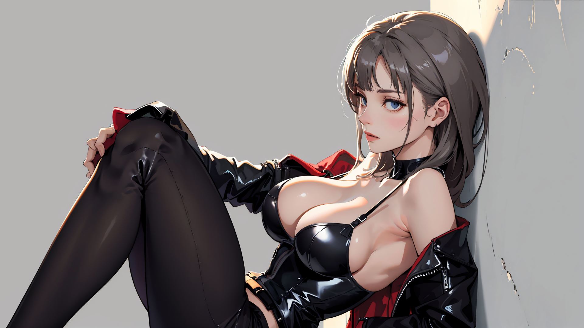 01488-2025253861-wide shot, gray background, on side, lean against the wall, large breasts,, (best quality_1.5), (masterpiece), (high resolution).png