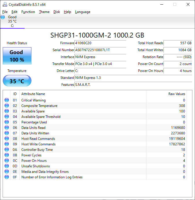 SK 하이닉스 골드 P31 1TB CrystalDiskInfo