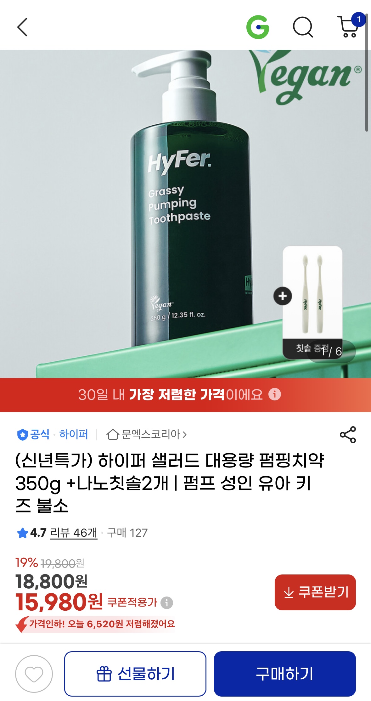 대용량 불소 펌핑치약 350g +나노칫솔2개 (1)