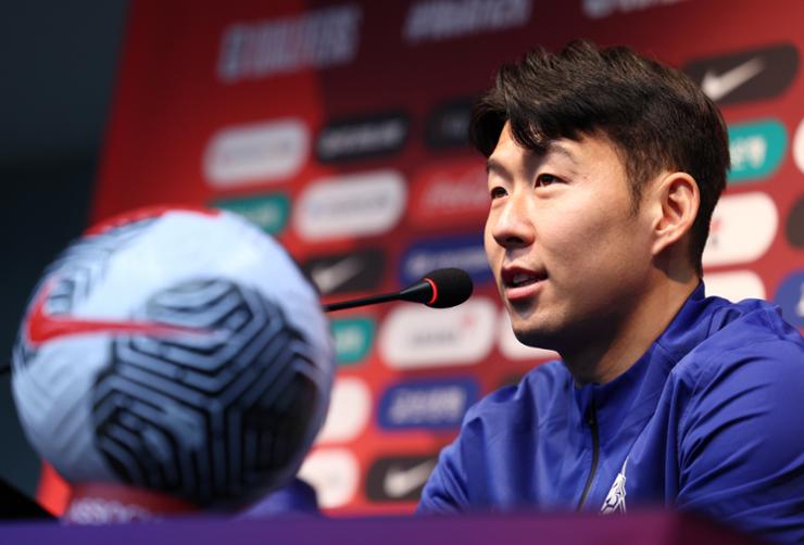 Son Heung-min, captain of the Korean men's national football team, speaks at a press conference at Seoul World Cup Stadium in Seoul, March 20. Yonhap