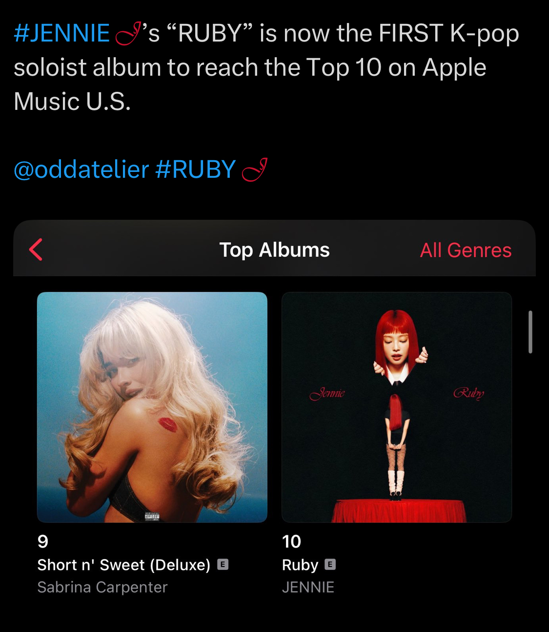 [정보/소식] 제니 앨범 Ruby 한국 솔로가수 최초로 미국 애플뮤직 Top10 차트인 | 인스티즈