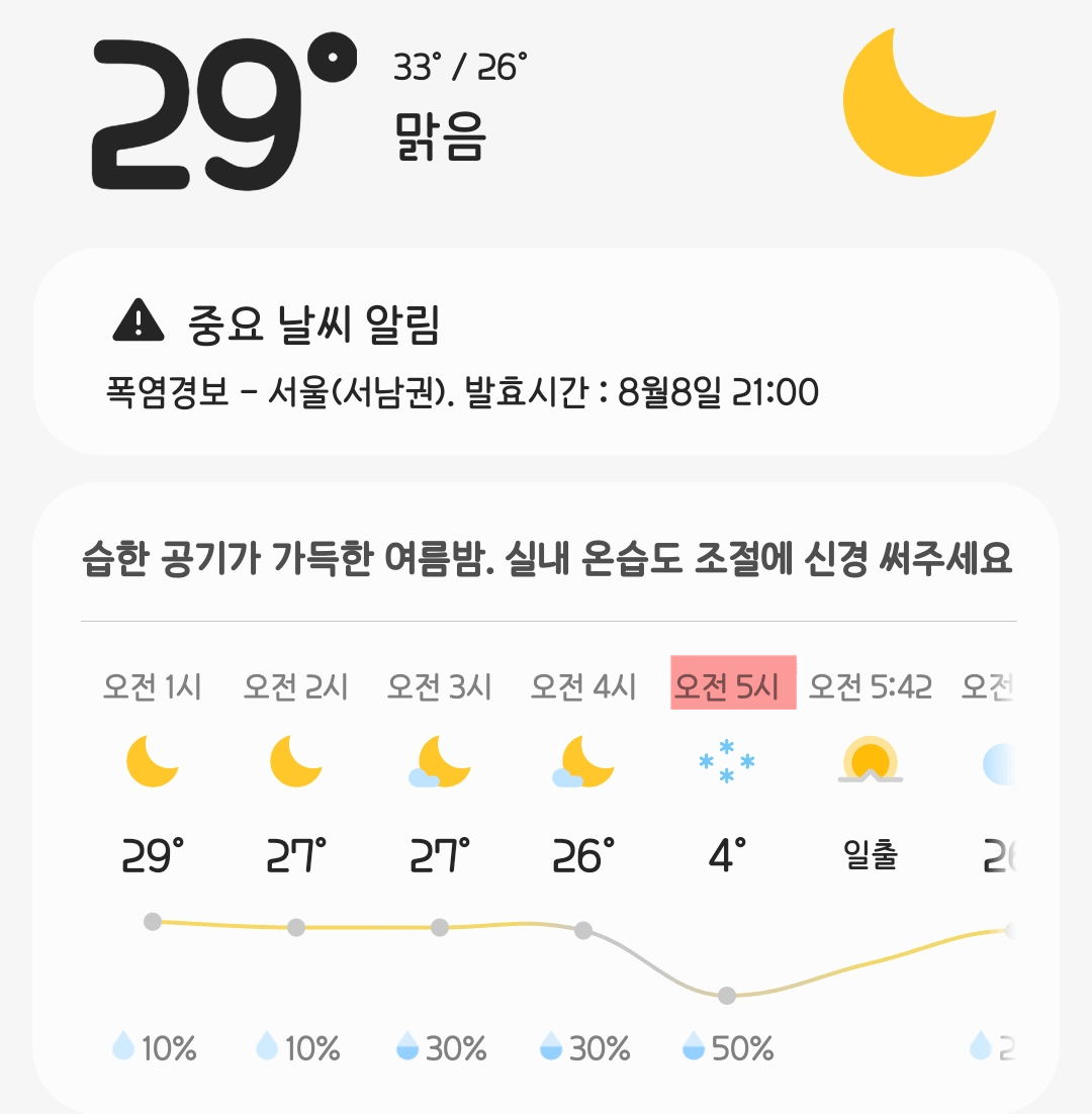 Screenshot_20230809_001111_Weather.png 5시간 후 기상이변 예정