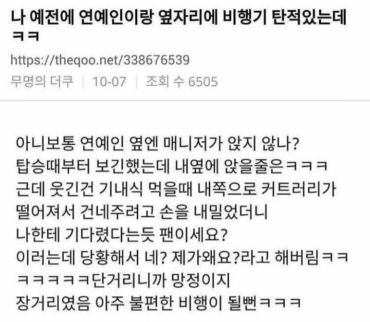 비행기에서 연예인 옆자리에 탄 사람들