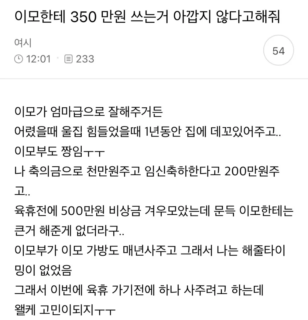 이모헌테 350만원 쓰는 거 아깝지 않다고 해줘