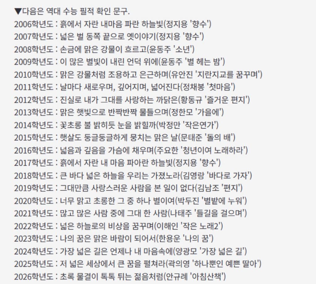 역대 수능 필적 확인 문구