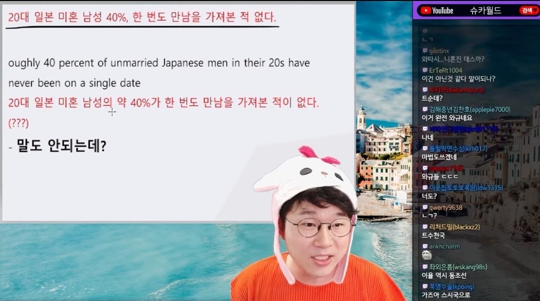 Screenshot_20230616-224436_YouTube.jpg 오늘자 슈카월드 한국,일본의 충격적인 연애인구 비율
