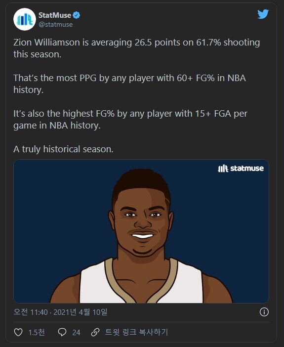 NBA 역사상 두 개의 신기록을 작성하고 있는 자이언 윌리엄슨 - 꾸르