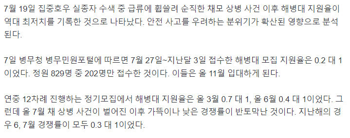 image.png [단독]‘채상병 사건’ 이후… 해병대 지원율 0.2 대 1 역대 최저