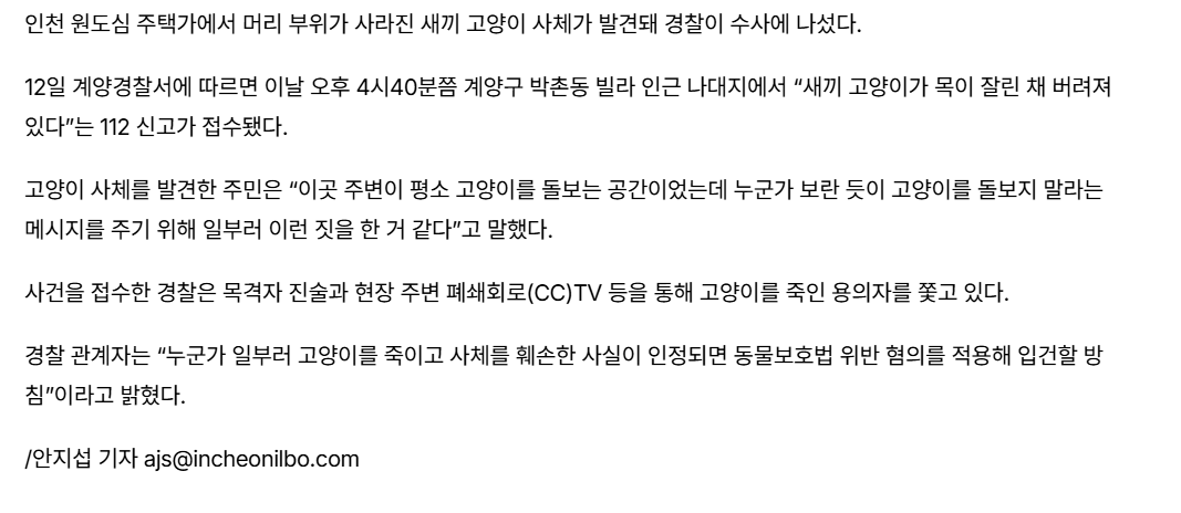 2.png [단독] 인천 주택가서 머리 없는 고양이 사체 발견…경찰 수사