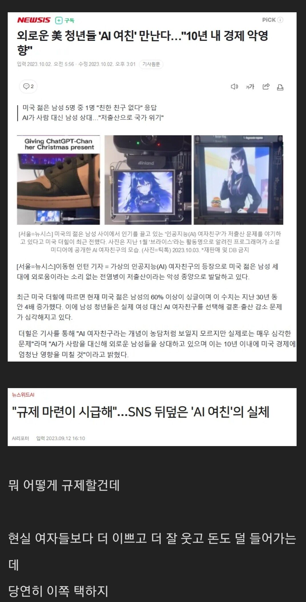 Screenshot_20231003_121725_Chrome.jpg 현실 여자 관심끊고 AI여친에 몰두하는 남성들...규제 시급