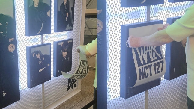 인천국제공항 제1터미널과 제2터미널에 마련된 'NCT 스마트패스 팝업'에 내걸린 NCT 전 멤버 태일의 사진을 가리는 모습. /소셜미디어 X SM, NCT 태일, 특수준강간 혐의였다