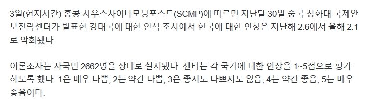 중국인, 1년새 한국에 대한 인식 급속도로 악화
