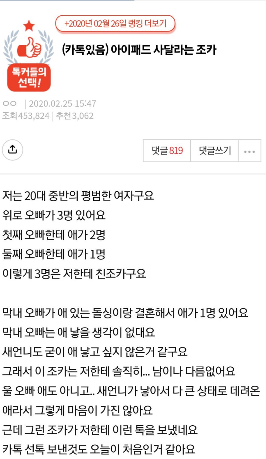 (카톡있음) 아이패드 사달라는 조카