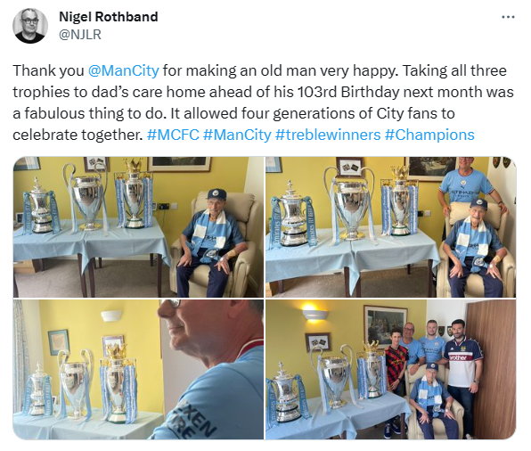 [나이젤 로스밴드] 맨시티는 103세 생일을 맞은 어르신 팬의 요양원으로 트레블 트로피를 가져감 -cboard